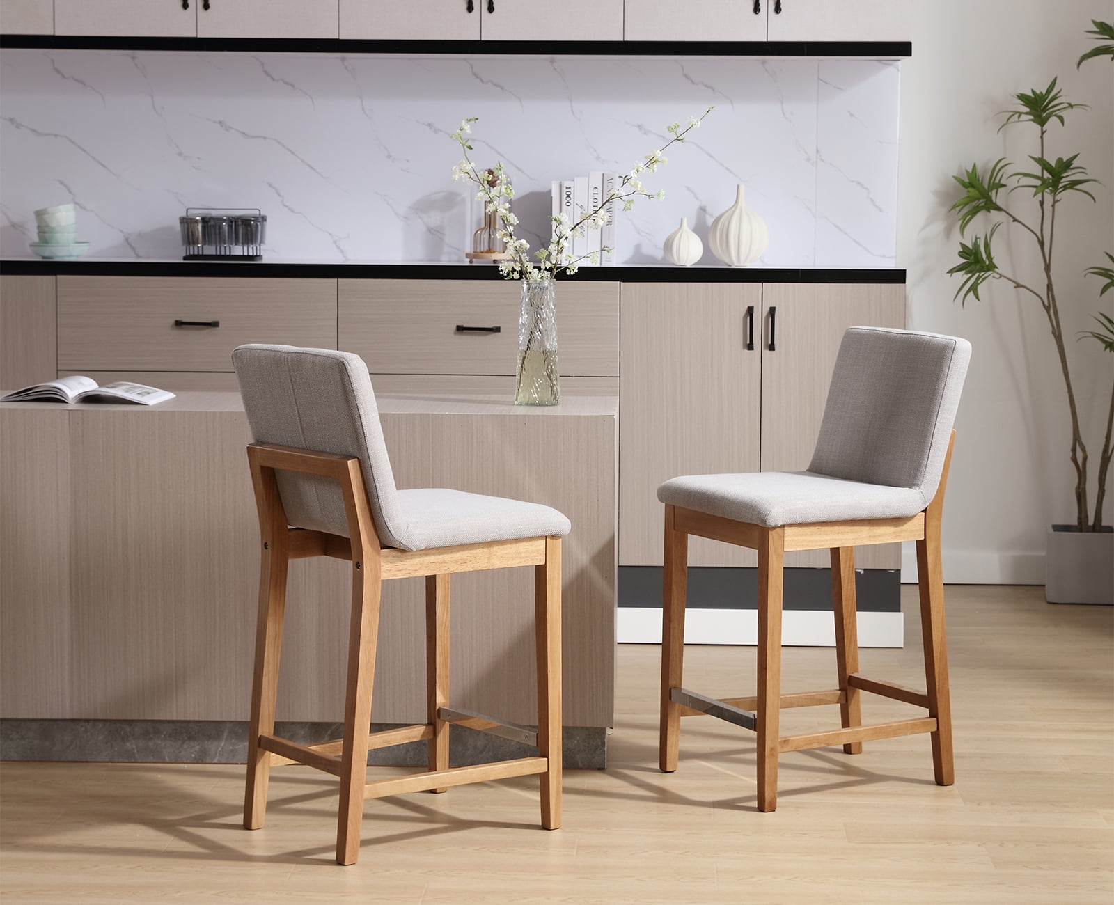 Guyou 26" Counter Height Bar Stools Set of 2, Modern Linen Upholstered Barstools, Rustic Farmhouse Wooden Kitchen Island Chairs with Backrest and Footrest for Dining Room Home Bar Patio Club, Grey