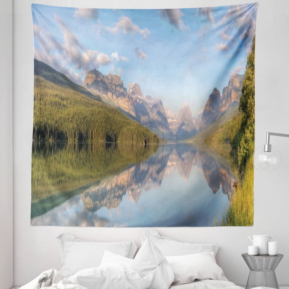 Glacier National Park Tapestry, Pattern of Panoramic Morning View of Lake Sherburne in Montana, Fabric Wall Hanging Decor for Bedroom Living Room Dorm, 5 Sizes, Multicolor, by Ambesonne