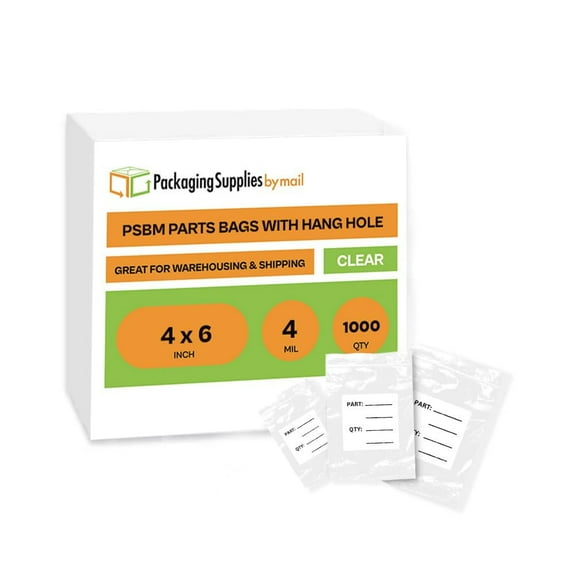 PSBM Parts Bag with Hang Hole 4" x 6" 4 Mil Durable Poly Bags for Industiral and Hardware Packaging 1000 Pcs