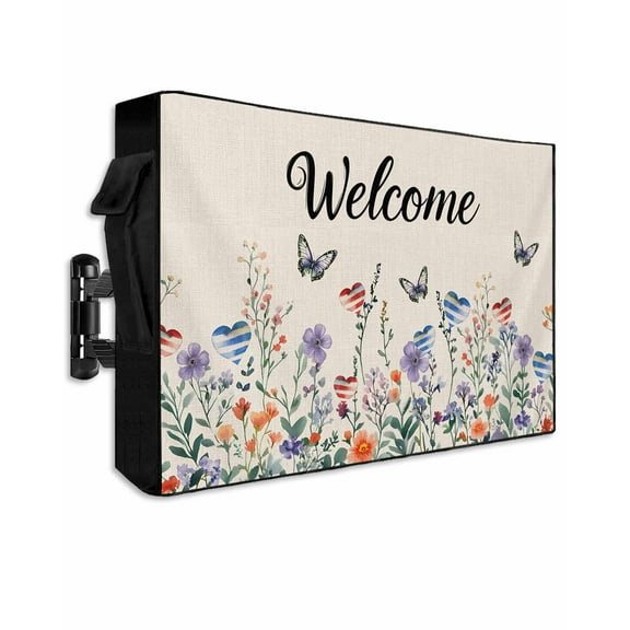 4th of July Outdoor TV Cover 48 to 50 Inch Waterproof, Spring Floral Love Heart Independence Day Pastoral 600D Oxford TV Covers with Zipper, Outside Flat TV Screen Protector 48"Wx30"Hx4.5"D