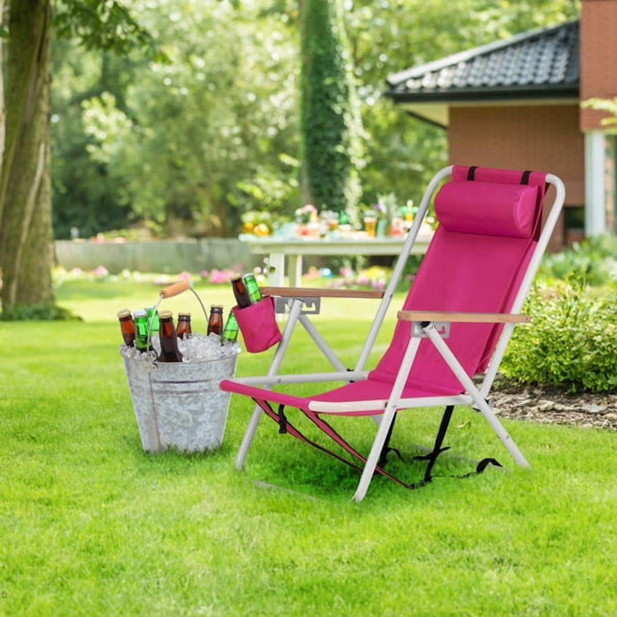 Set of 2 Folding Beach Chair for Adults, 4 Position Portable Backpack Foldable Camping Chair with Headrest Cup Holder and Wooden Armrests, Pink