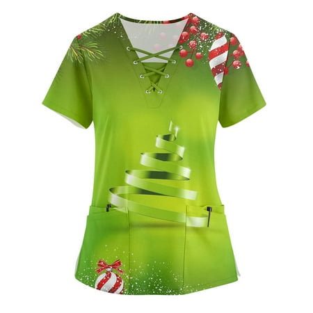 

KDDYLITQ Womens Maternity Scrub Tops Fall Short Sleeve V Neck Christmas T Shirt Nurse Tops Printed Working Uniform Blouse Working Tops with Pockets Green 4X