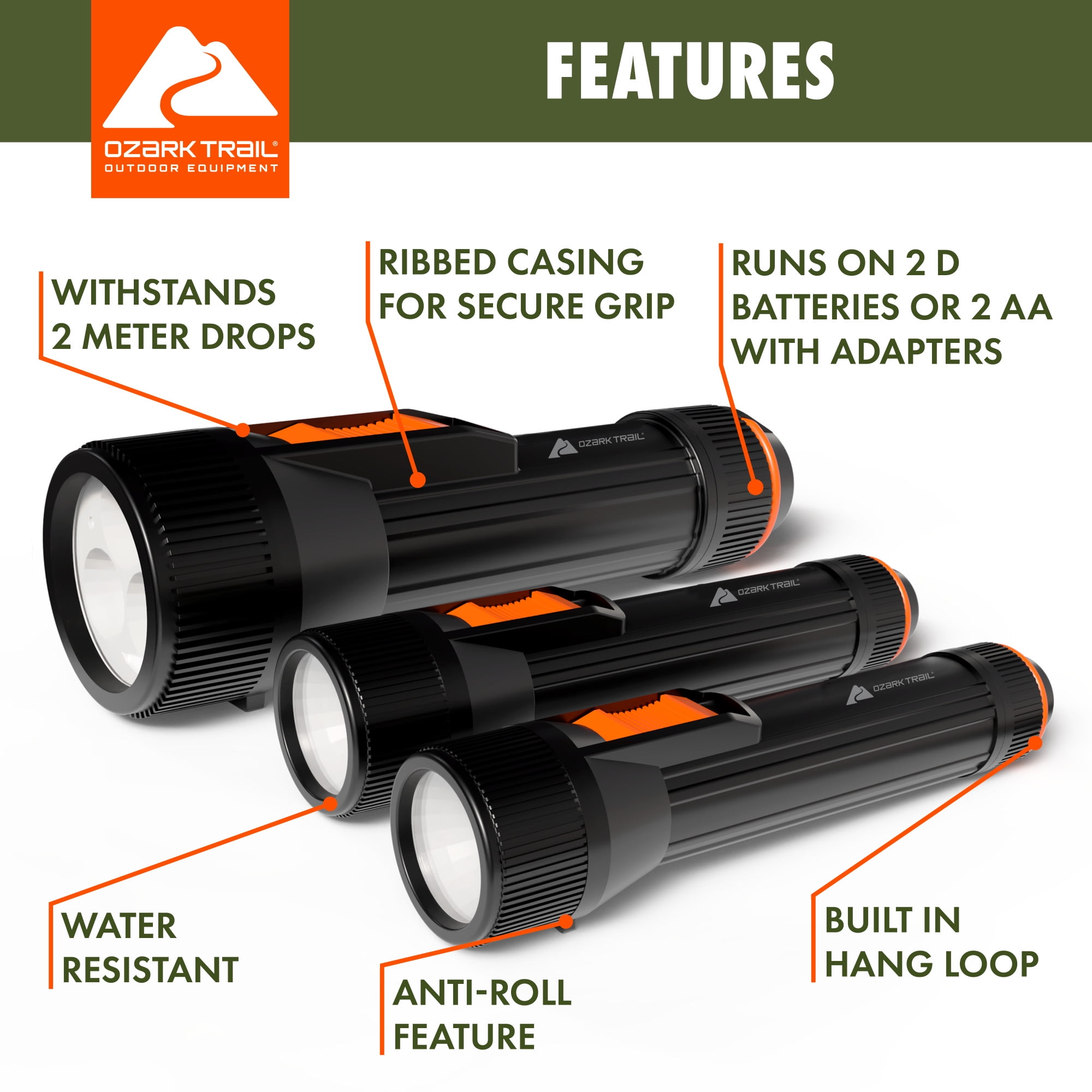 Ozark Trail Industrial LED Flashlights, 3 Pack, 1 Large Flashlight (150 Lumens) and 2 Small Flashlights (65 Lumens)
