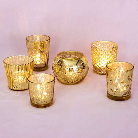Luna Bazaar Best of Vintage Mercury Glass Candle Holders (Gold, Set of