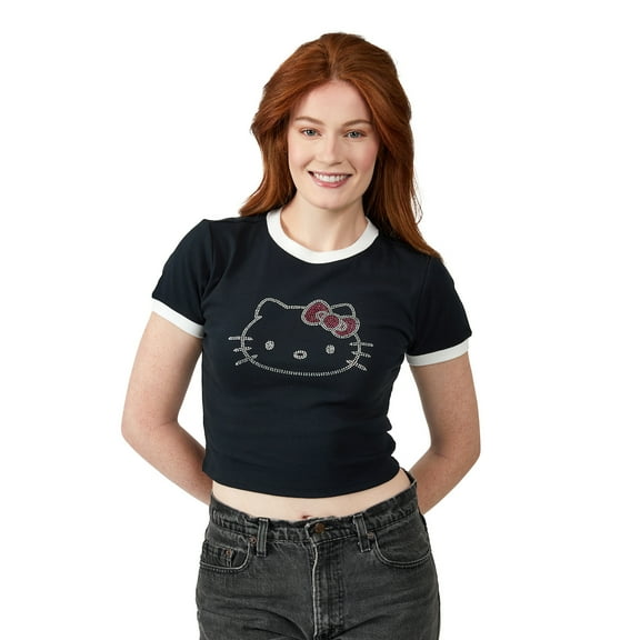 Hello Kitty Character Face Outline Crew Neck Short Sleeve Women's Black Crop Top Baby Tee XL