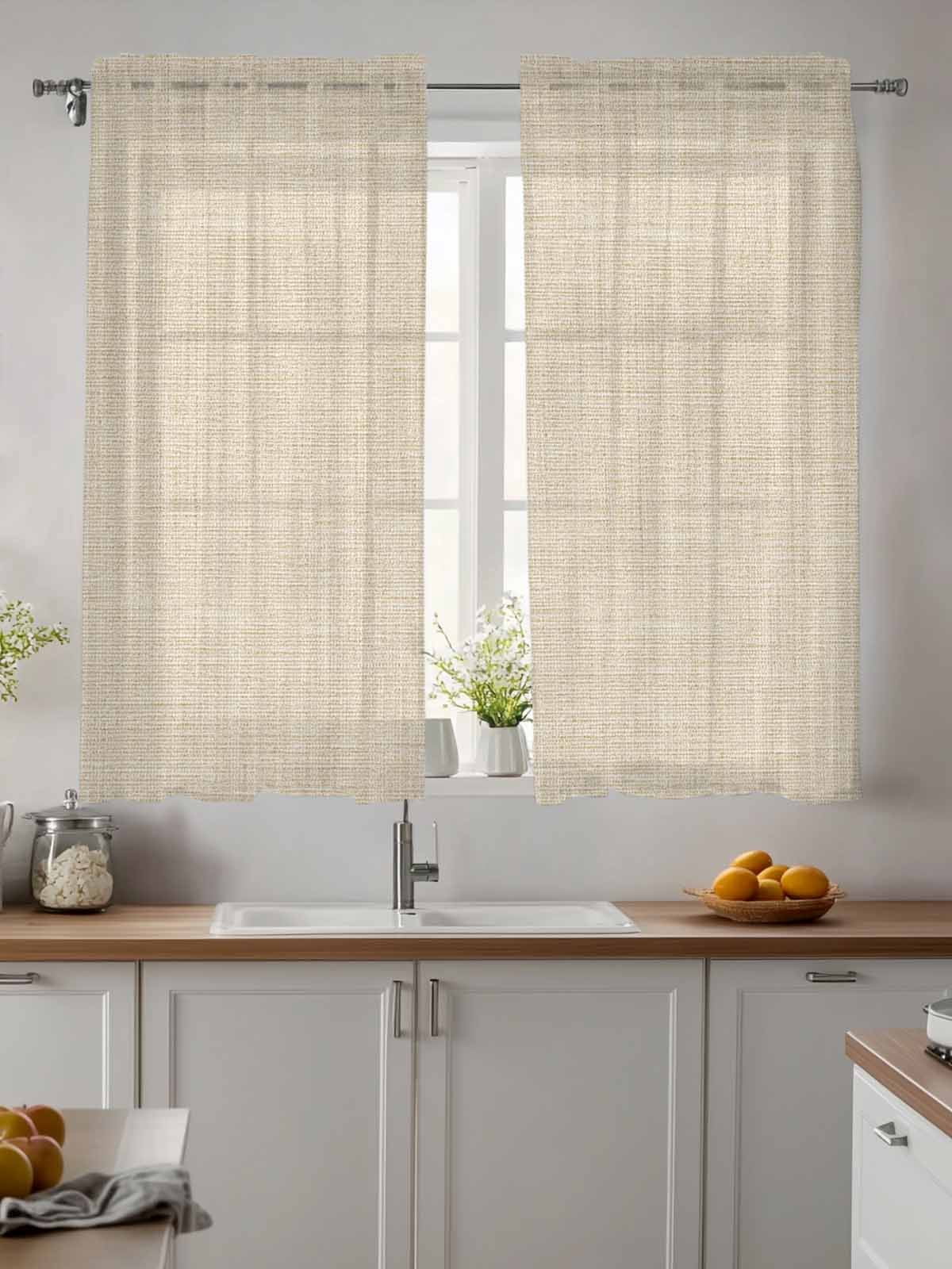 Vintage Cream Curtains 45 Inch Length, Sheer Curtains for Bedroom Living Room Window Farmhouse Retro Beige Solid Color Rod Pocket Voile Drapes Kitchen Curtains Small Half Window 52"x45" 2 Panels