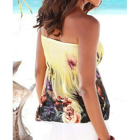 Women Tube Tops-Sexy Floral Print Bra Style Elastic Strapless Tee Shirt ...