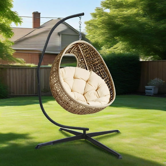 Yiwa Foldable Egg Swing Chair with Stand – Rattan Wicker Hanging Chair, Indoor/Outdoor Lounger with Footrest, UV Resistant Cushion, 500lbs Capacity