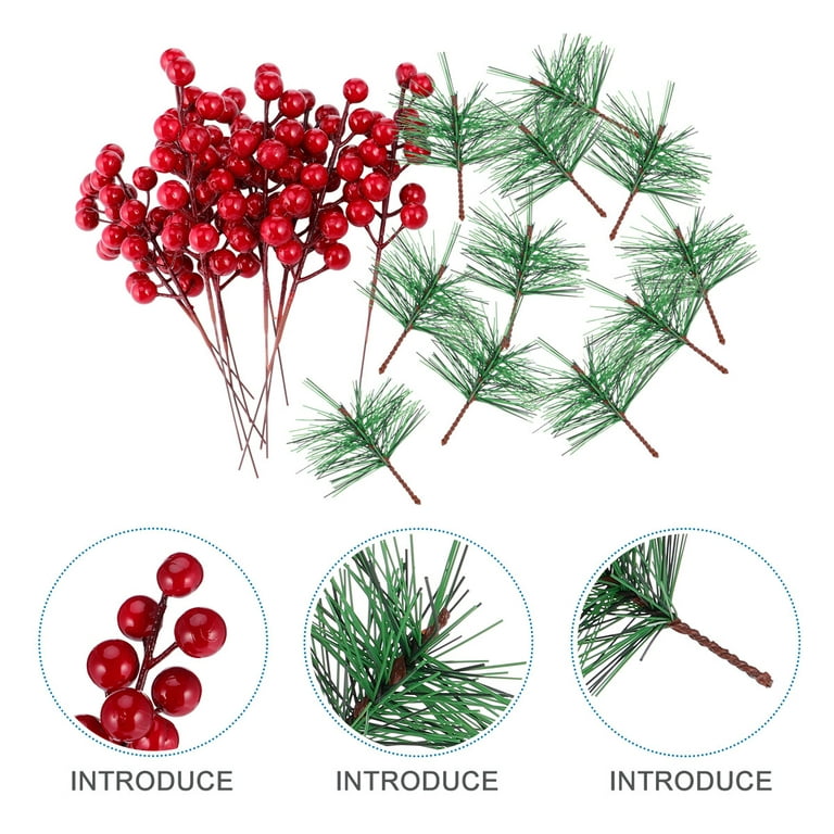 20 Pieces Artificial Pine Picks, Red Berry Stems with Snowflakes Flocked Holly Mini Artificial Pine Branches for Christmas Tree Decorations DIY Crafts