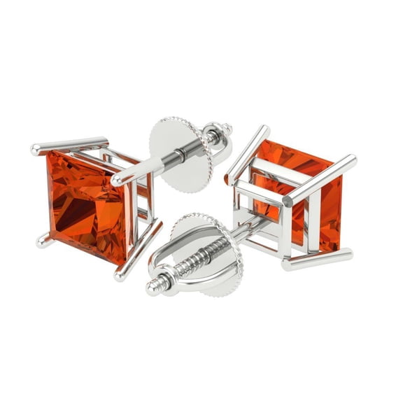 4 Ct Princess Cut Studs Red Crystal 18K White Solid Gold Everyday Dainty Earrings Screw Back