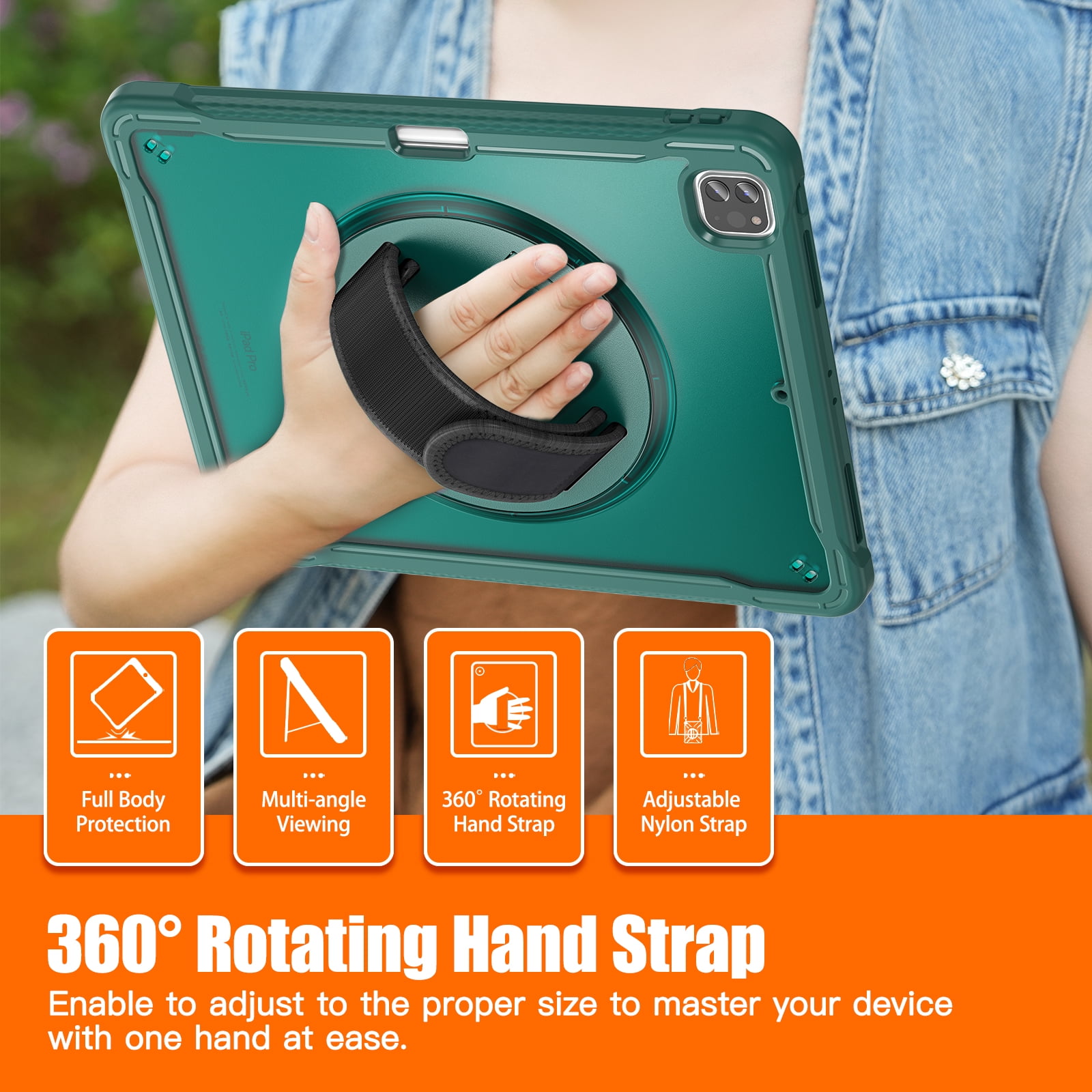 Dteck Case for iPad Pro 12.9-inch 3rd/4th/5th/6th Generation (2018/2020/2021/2022),Military Grade Shockproof Silicone Cover 360° Rotatable Stand- Shoulder Strap- Handle- Pencil Holder,Darkgreen