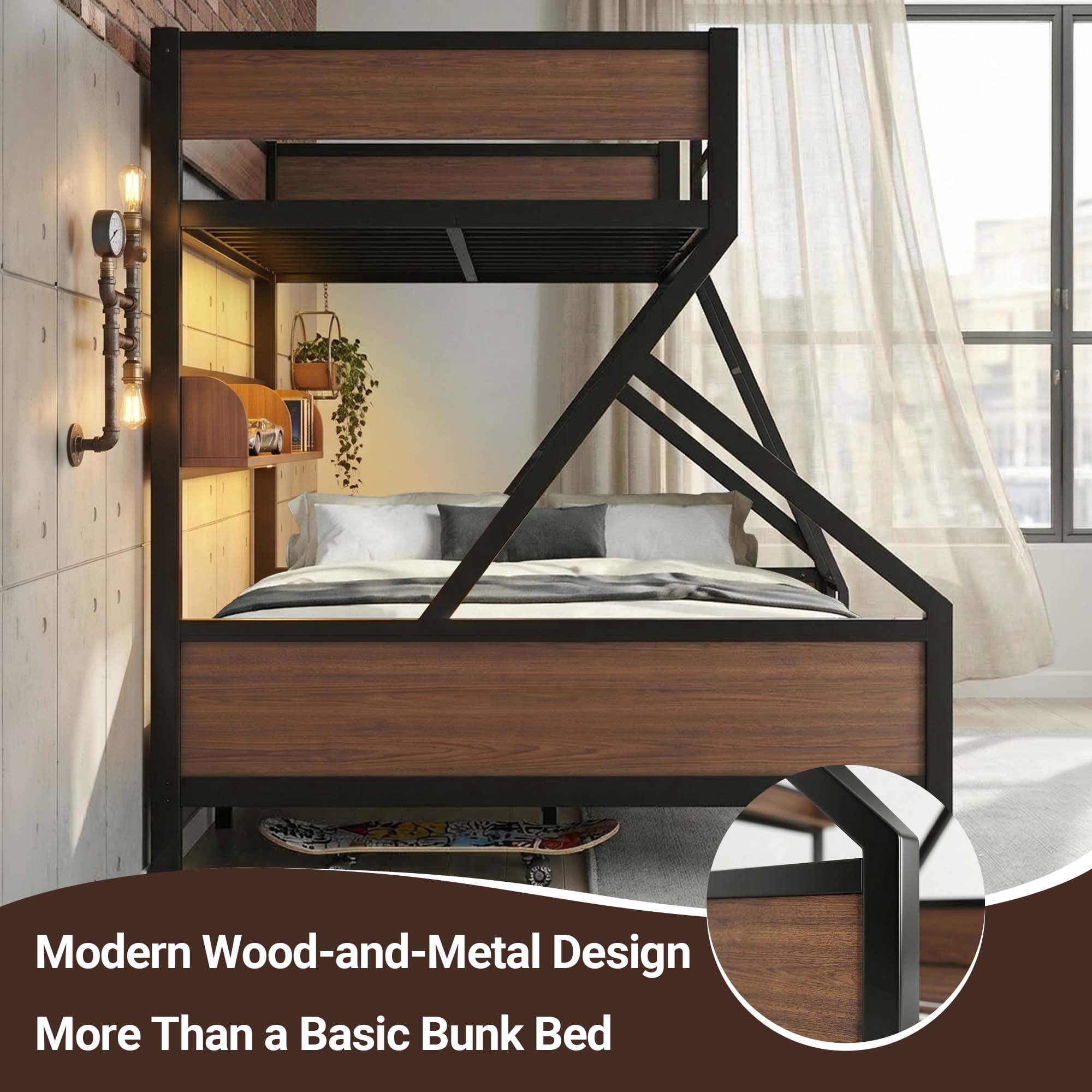 Miniyam Twin over Full Bunk Bed with Storage Shelf and LED Light, Metal & Wood Frame, Black