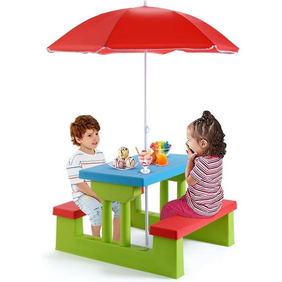 DORTALA Kids Picnic Table, Outdoor Toddler Table and Set with Removable Umbrella, Plastic Kids Activity Table Set for Backyard, Garden, Nursery, Gift for Boys Girls Age 3 , Red