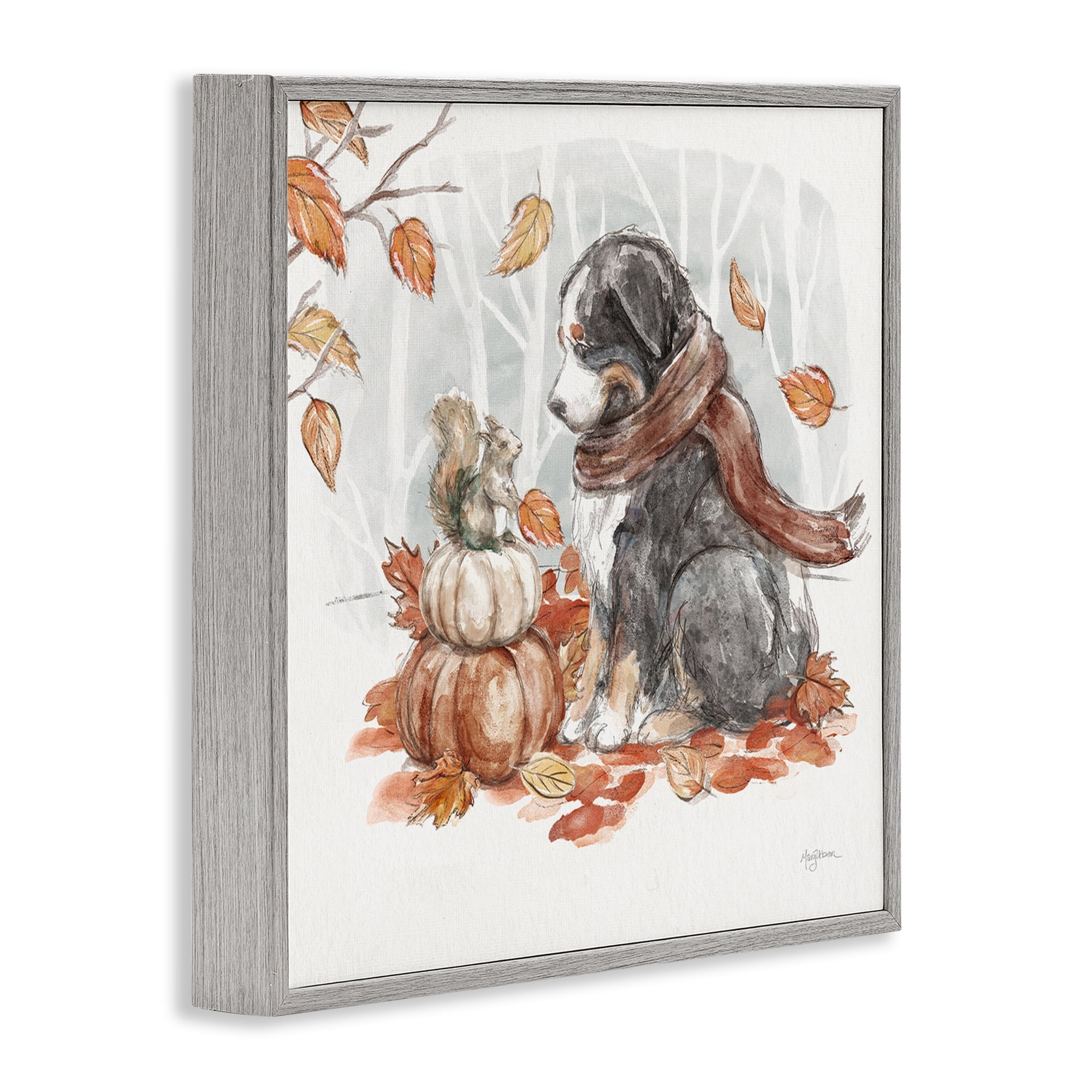 Stupell Industries Dog & Fall Pumpkins Holiday Painting Gray Framed Art Prints Wall Art, 24 x 24