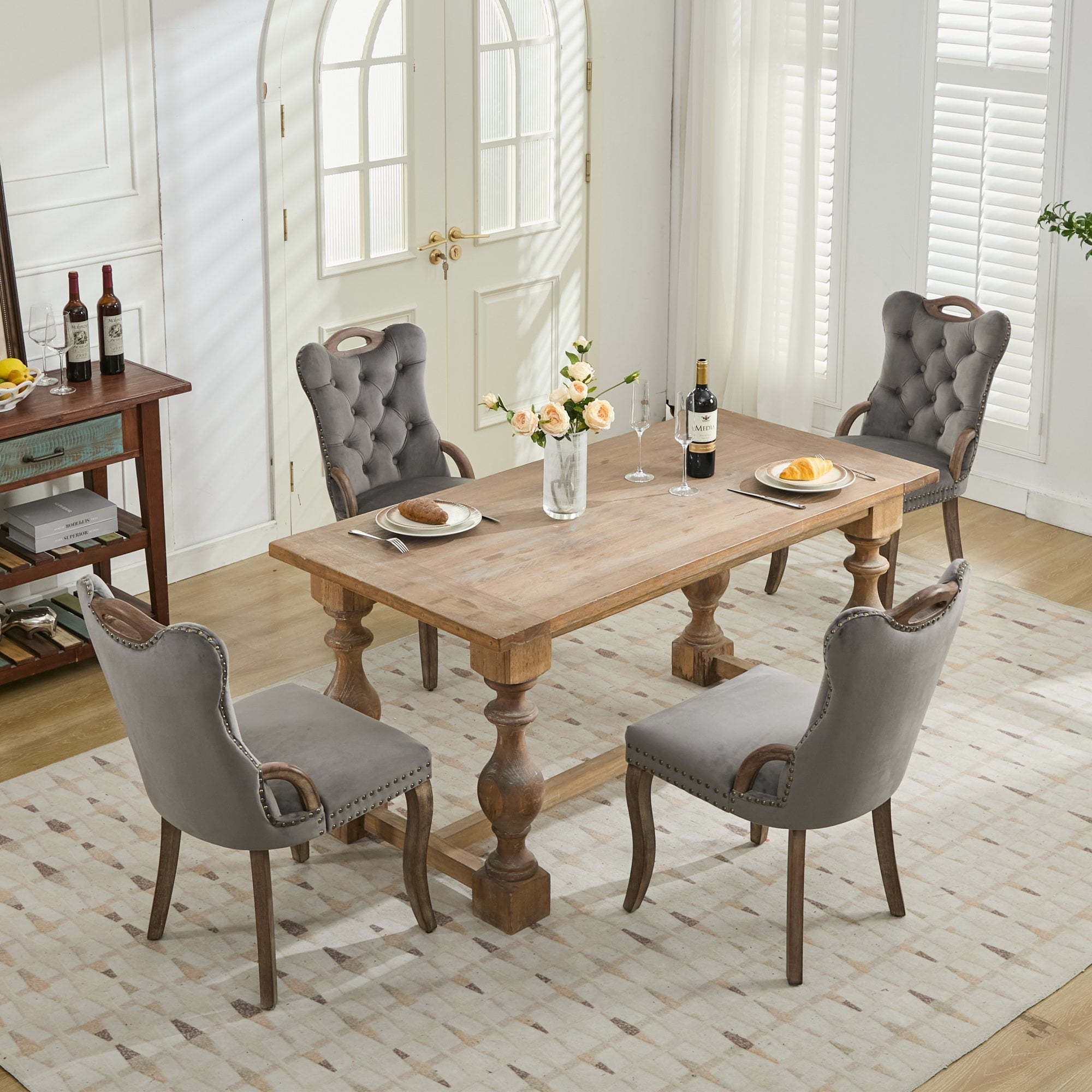 Aukfa Velvet Upholstered Dining Chair Set of 2,Elegant Accent Chair for Dining Room/Living Room, Solid Wood Legs & Tufted Trim,Gray