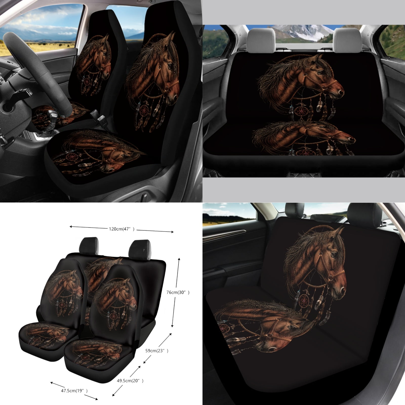 Garronmavis Dreamcatcher Horse 15 PCS Car Seat Cover Full Set Steering Wheel Cover Keychain Car Trash Can Car Dash Accessories Rearview Mirror Cover Cup Mats Easy to Install Universal Fit