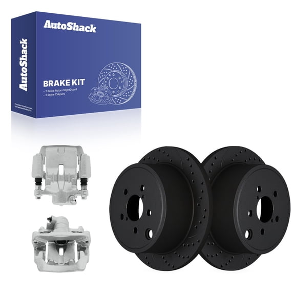 AutoShack Rear Solid Drilled & Slotted E-Coated Brake Rotors Black Finish   Calipers 4-PC Brake Kit Replacement for 2008-2014 Subaru Impreza 2009-2013 Subaru Forester NightGuard 11.24" (285.6 mm)