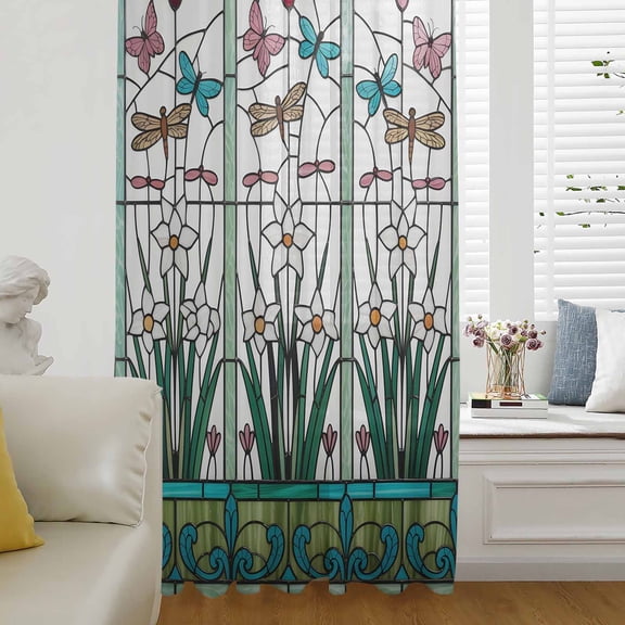 Green Butterfly Flower Semi Sheer Curtains Drapes for Living Room,Bedroom,French Doors Window 54 Inches Long,Stained Glass Dragonfly Floral Plant Rod Pocket Chiffon Curtain Voile Drapery Panel