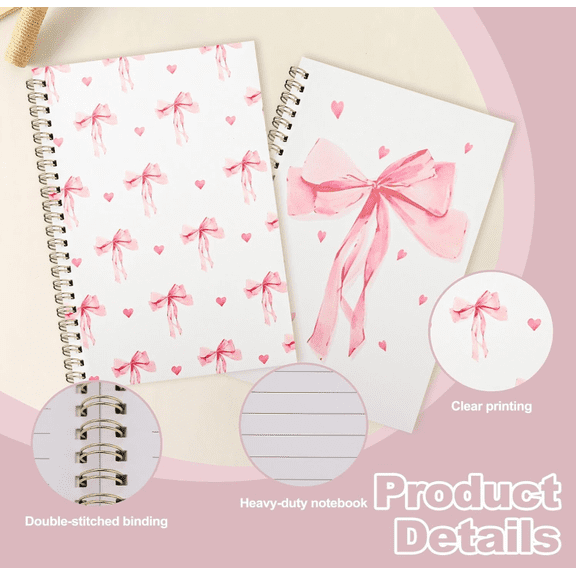2‑Pcs Pink Bow & Heart Spiral Notebook, 8.26 x 5.51 In, Cute Aesthetic Journal for Note‑Taking, Daily Planning & Back‑To‑School Supplies