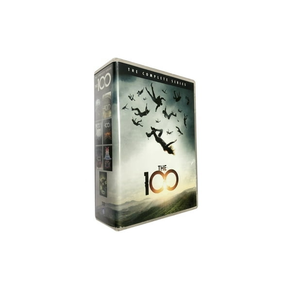 The 100: The Complete Series Seasons 1-7 (DVD) box set featuring 24 discs of the action and adventure TV series. The cover art shows a dramatic scene with silhouettes of people falling from the sky against a cloudy backdrop over a mountainous landscape. The title 'The 100' is prominently displayed at the bottom. Packaged by DVD Overseas Electronics.