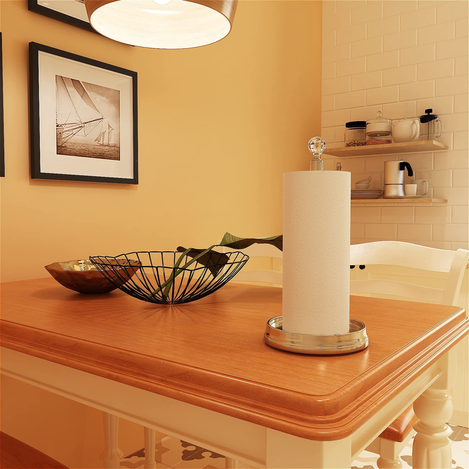 Paper Towel Holder With Crystal Ball - Steel Countertop Stand  Fits Standard & Rolls Brushed Nickel