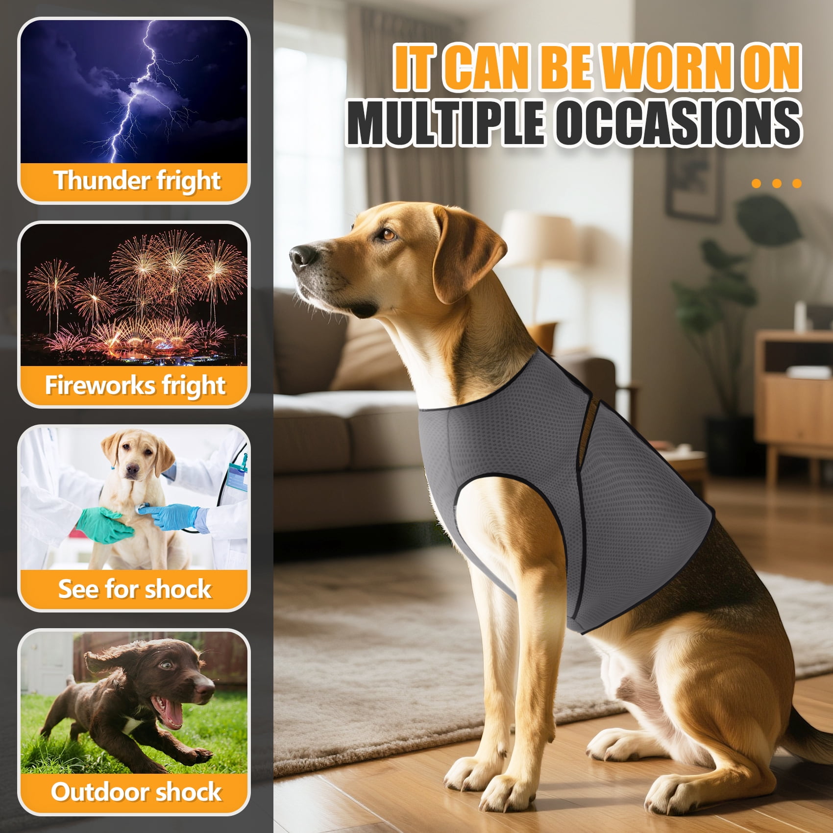 Amztom Dog Anxiety Vest – Calming Jacket for Thunder, Fireworks & Vet Visits,  Adjustable Fit for Small to Large Dogs (Gray, M)