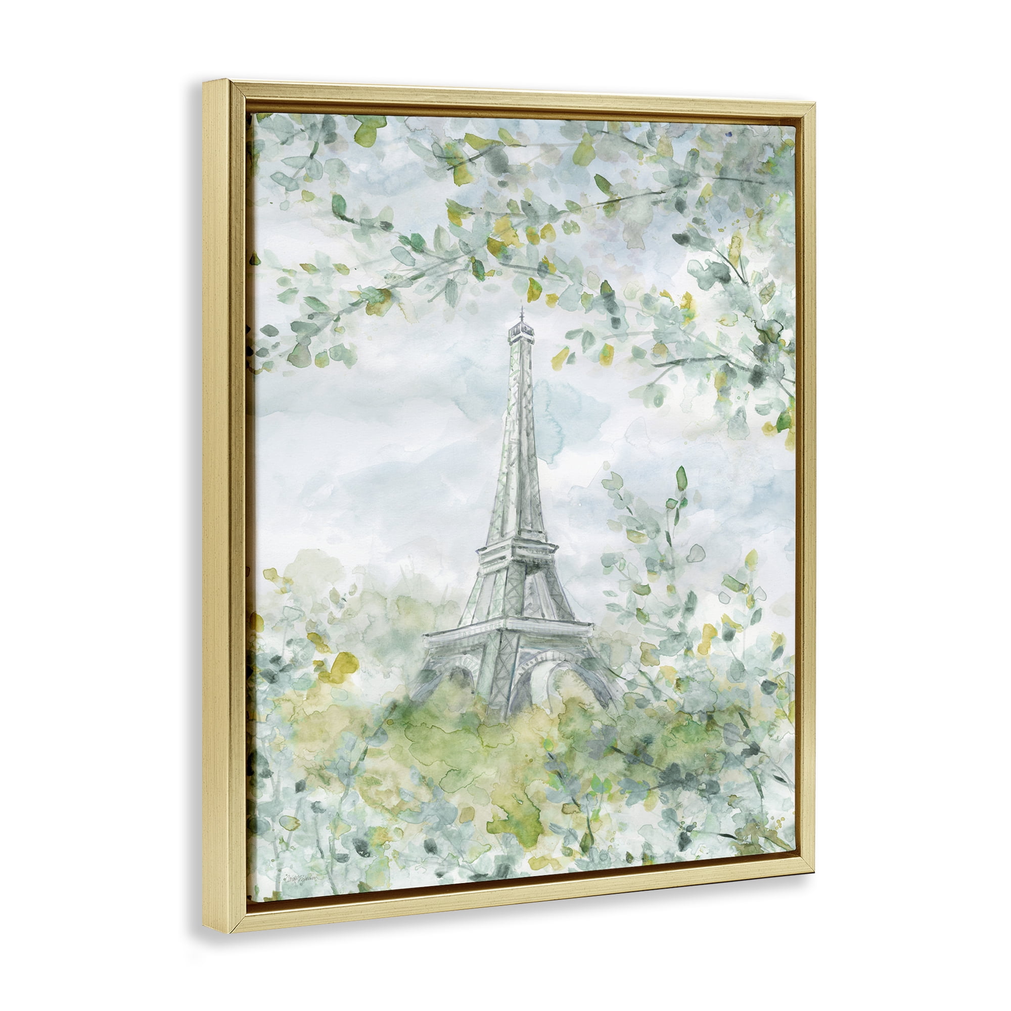 Stupell Industries Eiffel Tower Through Branches Plants & Flowers Painting Gold Floater Framed Canvas Art Print Wall Art, 17 x 21