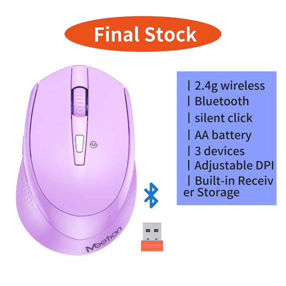 Meetion Purple Wireless Silent Mouse, Dual Mode (Bluetooth 5.1   2.4G USB), AA Battery Powered, Adjustable DPI