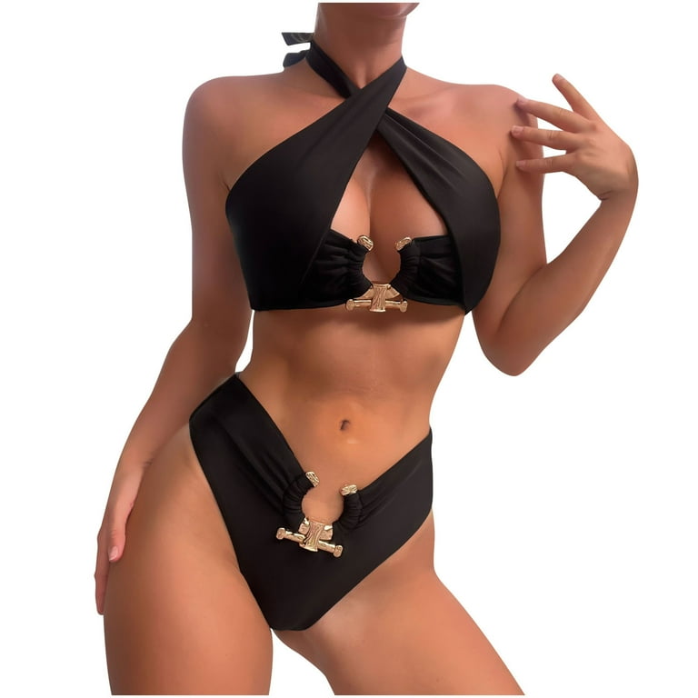 WREESH Womens Two Piece Swimsuit Metal Ring Bikini Set Criss Cross