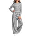 thumbnail image 4 of QTBIUQ Girls Two-Piece Fall Set Long-Sleeve Fitted Crop Top and Elastic Waist Wide-Leg Pants Casual Outfit Set, 4 of 6