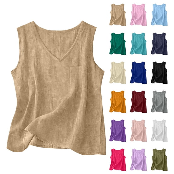 Women's Cotton Linen Tank Top, V Neck Sleeveless Casual Blouse with Chest Pocket, Oversized Breathable Top for Women, Beach Wear, Daily Casual Outfits and Layering Essential-Black