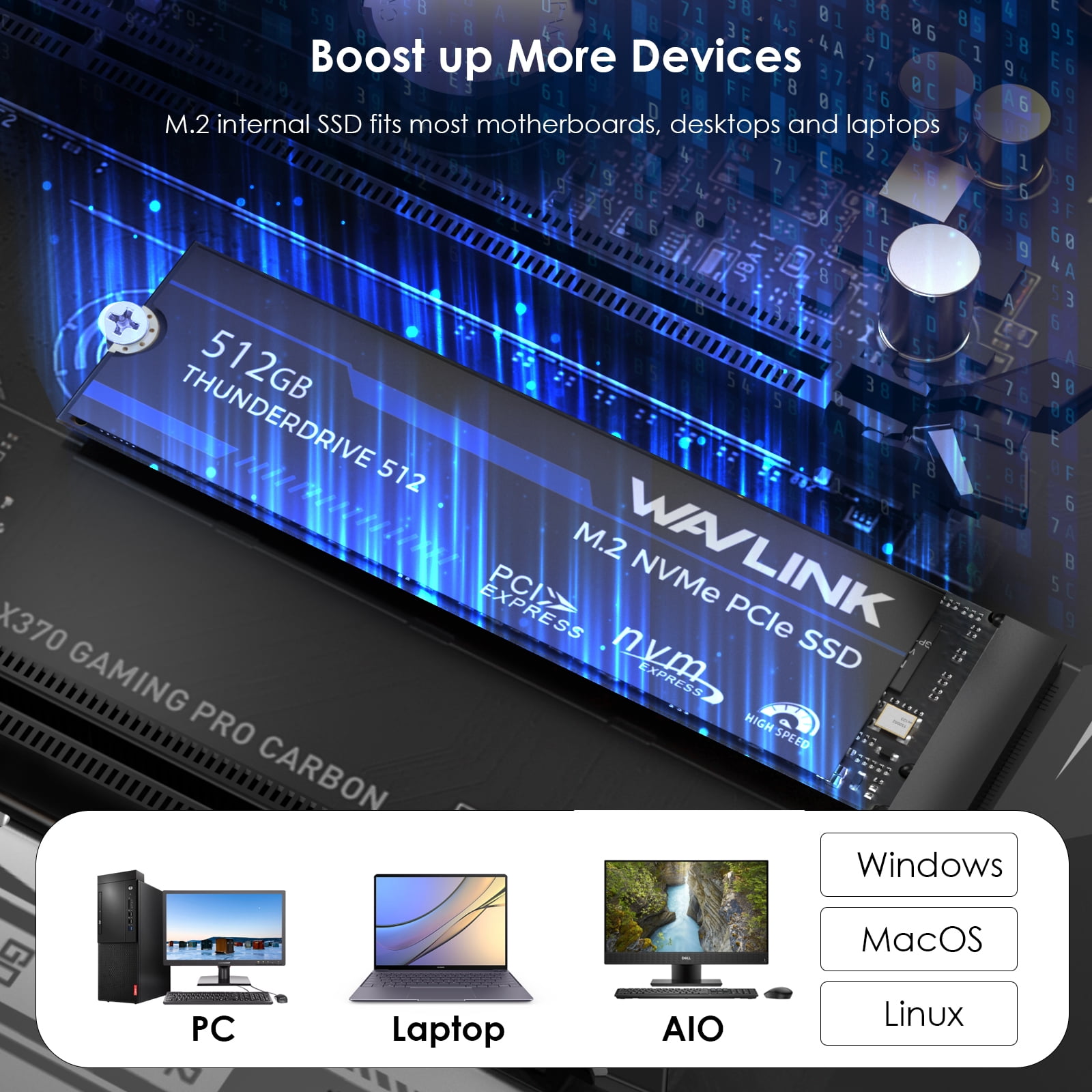 WAVLINK Internal Solid State Drive 512GB NVMe SSD M.2 2280 PC Gaming SSD, 3500MB/s Read, 2700MB/s Write for PS5/ PC/ Laptop