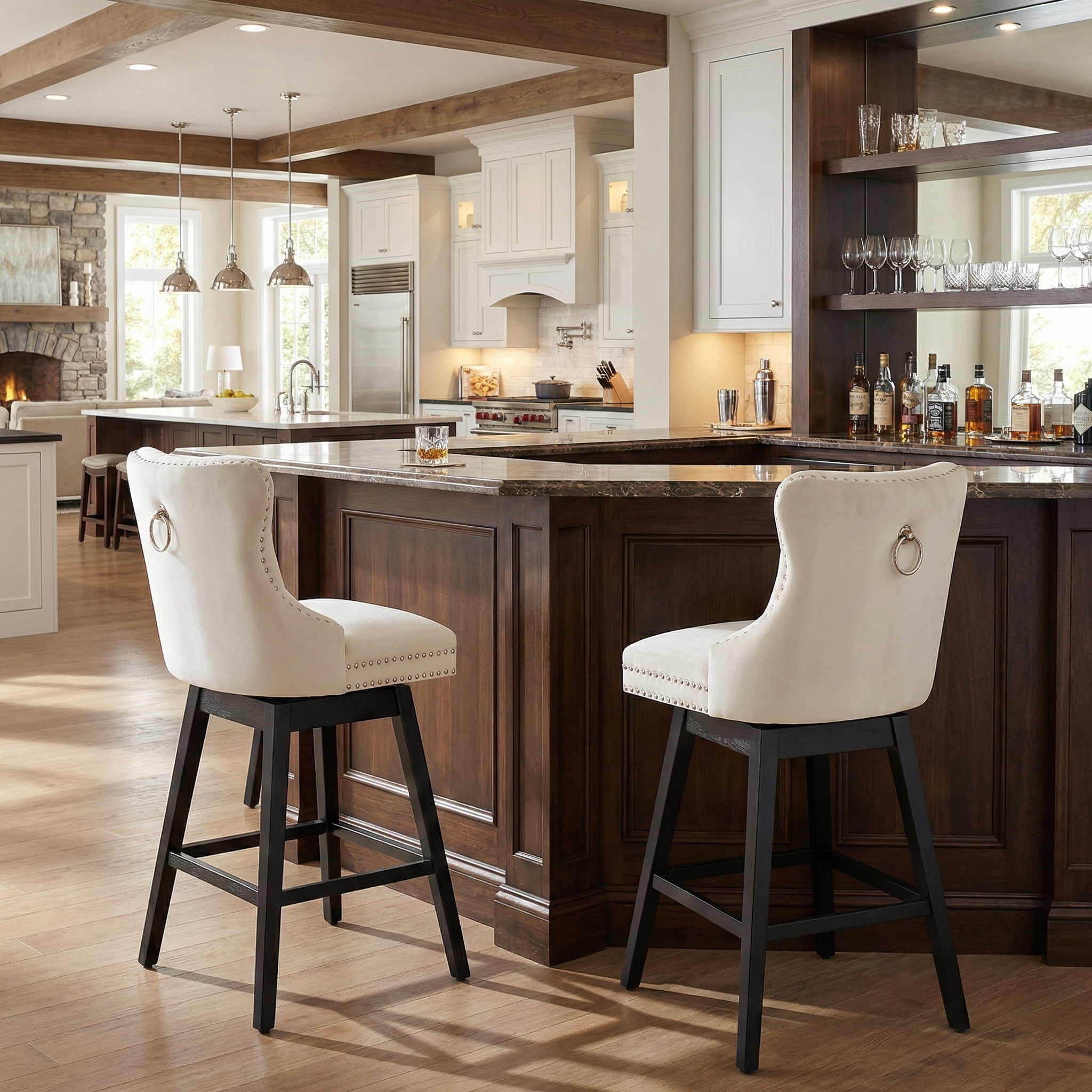 TEWLOSS 30" Swivel Bar Stools Set of 2, Beige Velvet Bar Height Chairs with Back for Home Pub