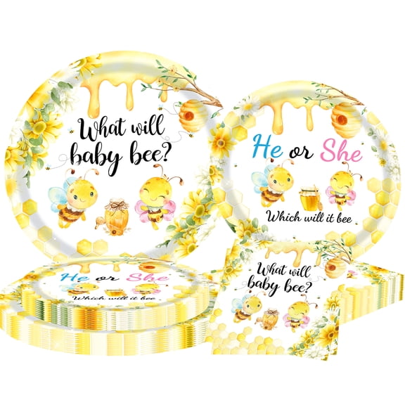 Bee Gender Reveal Party Supplies - Sweet Surprise Theme Disposable Plates & Napkins Set