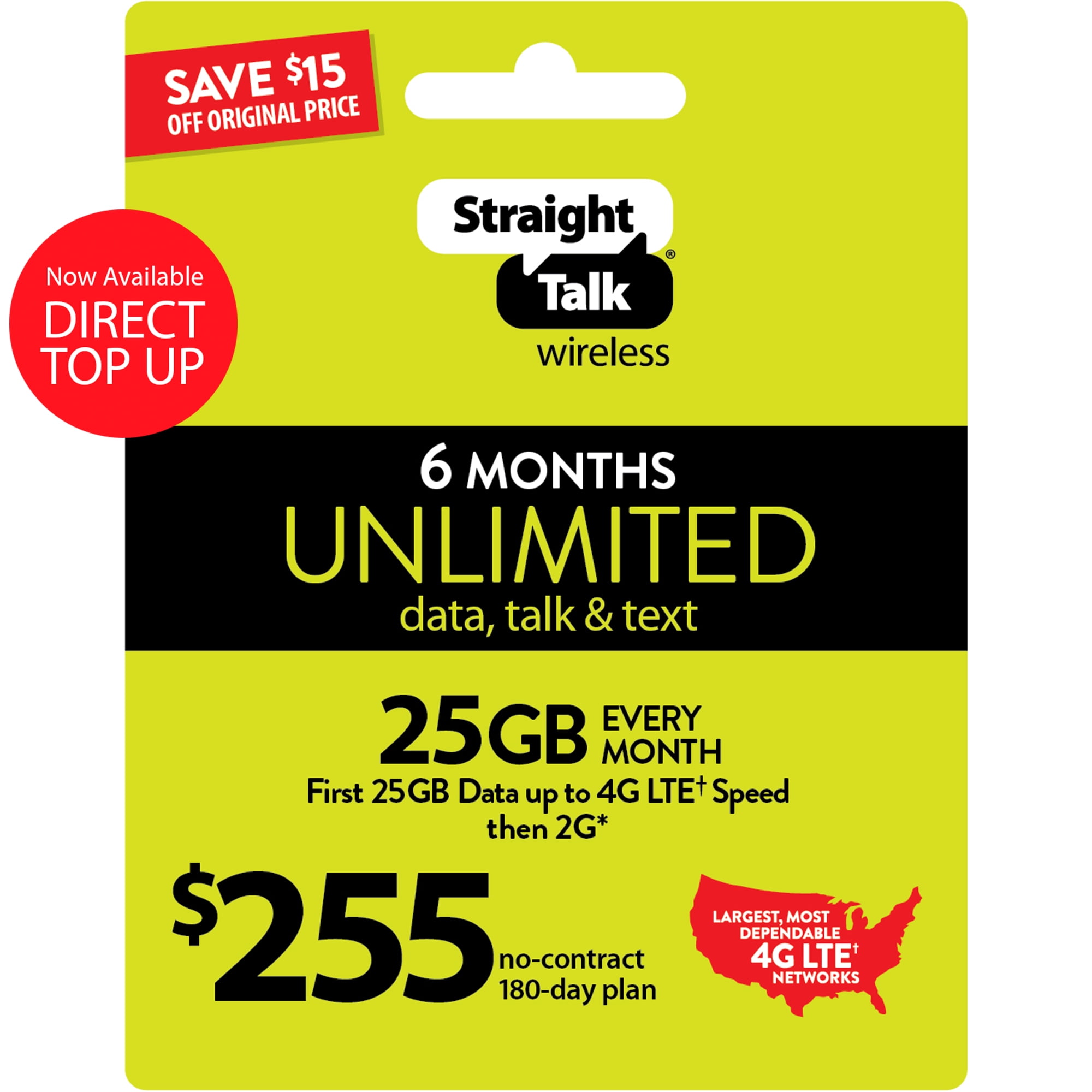 Straight Talk 255 Unlimited 6Month/180Day Plan Direct Top Up