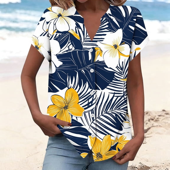 NTACZA Cute Tops for Women Casual Short Sleeve Tropical V‑Neck shirts for Work Hawaiian Button Front blouses for women dressy casual