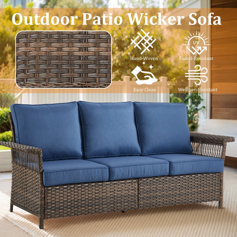 PARKWELL 6 Pieces Patio Furniture Set with Fire Pit Table, Outdoor 7-Seat Wicker Conversation Couch Set with Swivel Gliders Chairs, Deep Seating Furniture for Porch Deck, Brown/Navy
