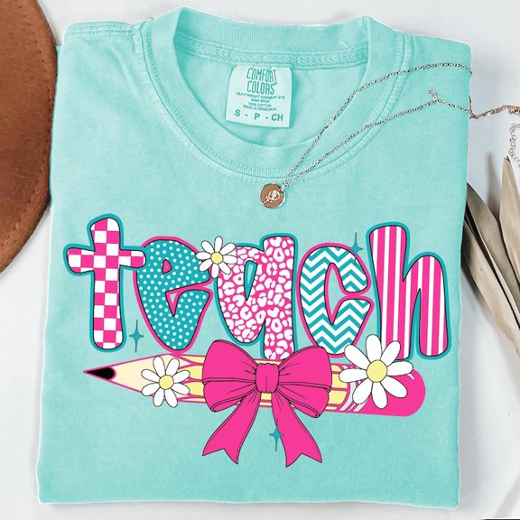 Retro Checkered Teacher T-shirt, Floral Coquette Teacher Shirt, Preppy Teacher Shirt , Retro Teacher Png for Shirt, Coquette Bow Tee TH210557