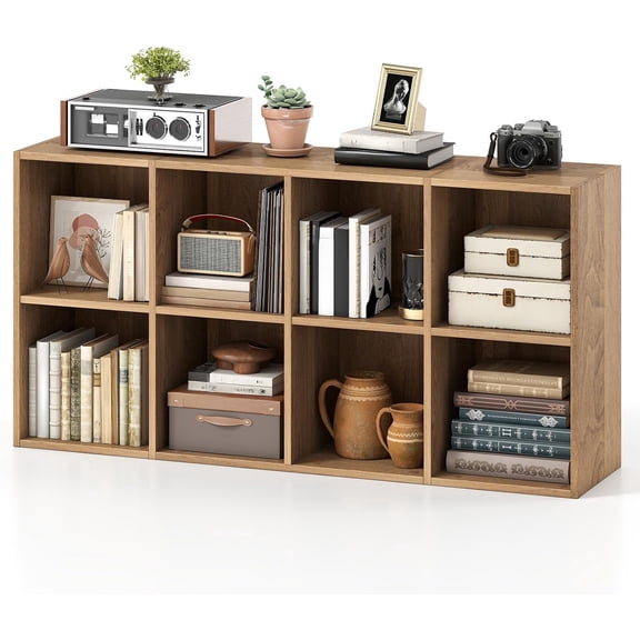 8-Cube Bookcase, Large Floor Standing Horizontal Bookshelf with 8 Open Shelves & 2 Anti-Tipping Kits, Home Office Wooden Storage Book Shelf for Living Room, Study (Natural, 8-Cube)