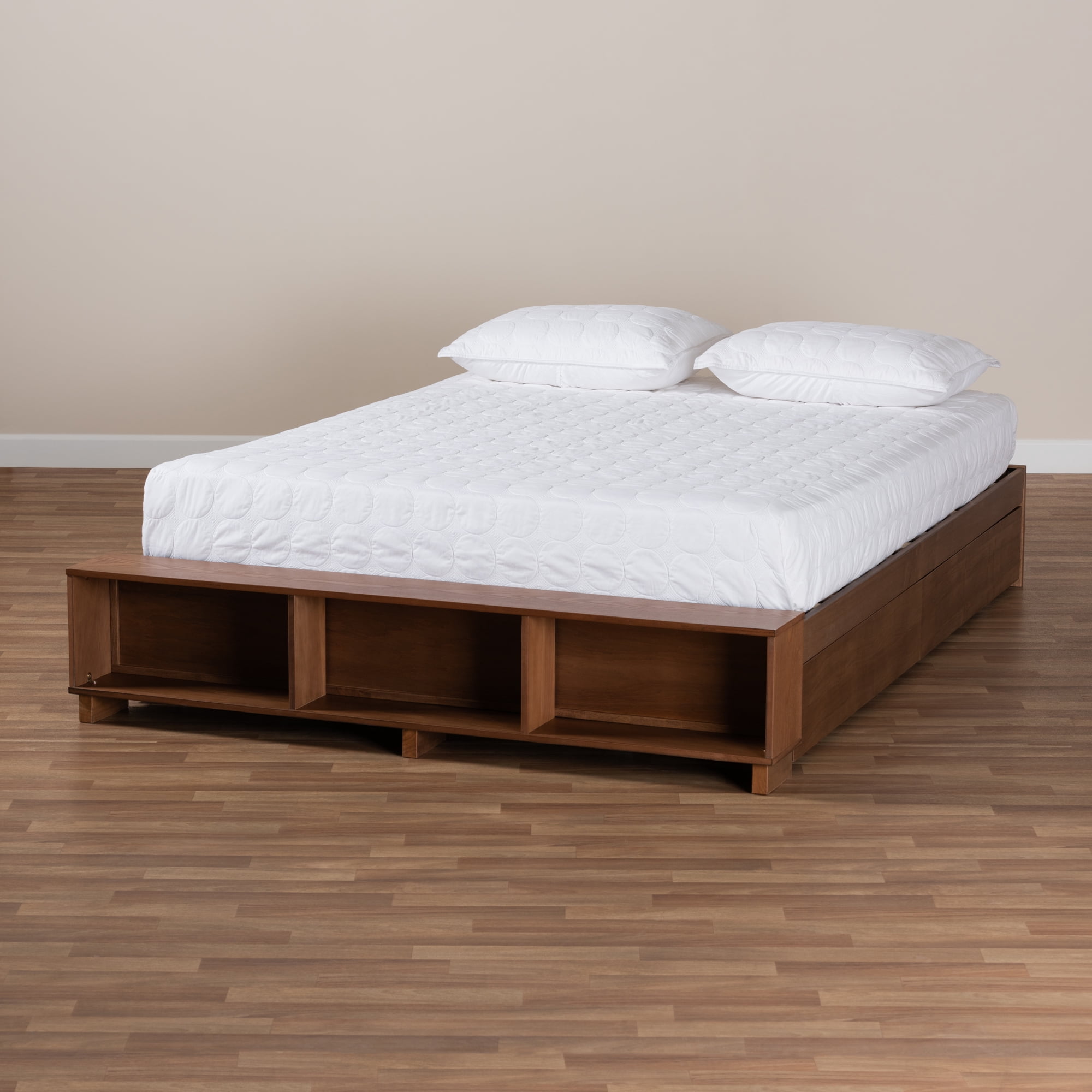 Baxton Studio Arthur Queen Size Modern Platform Bed with Shelves and Drawers, Ash Walnut Brown