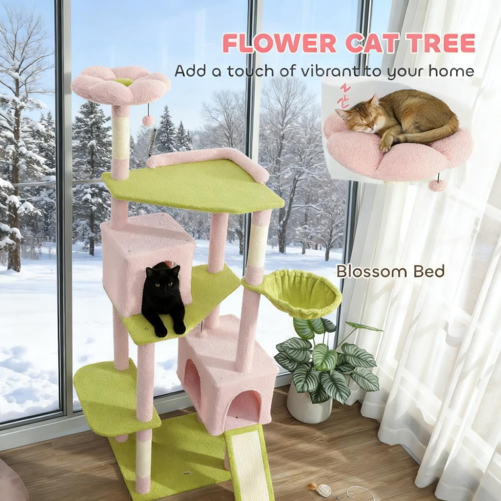 74" Flower Cat Tree, Large Cat Tower with Scratching Post & Board