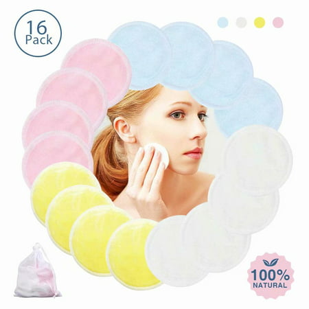 Reusable Makeup Remover Pads, 16 Packs Organic Bamboo Cotton Pads Washable Facial Cleansing Cloths for Face/Eye