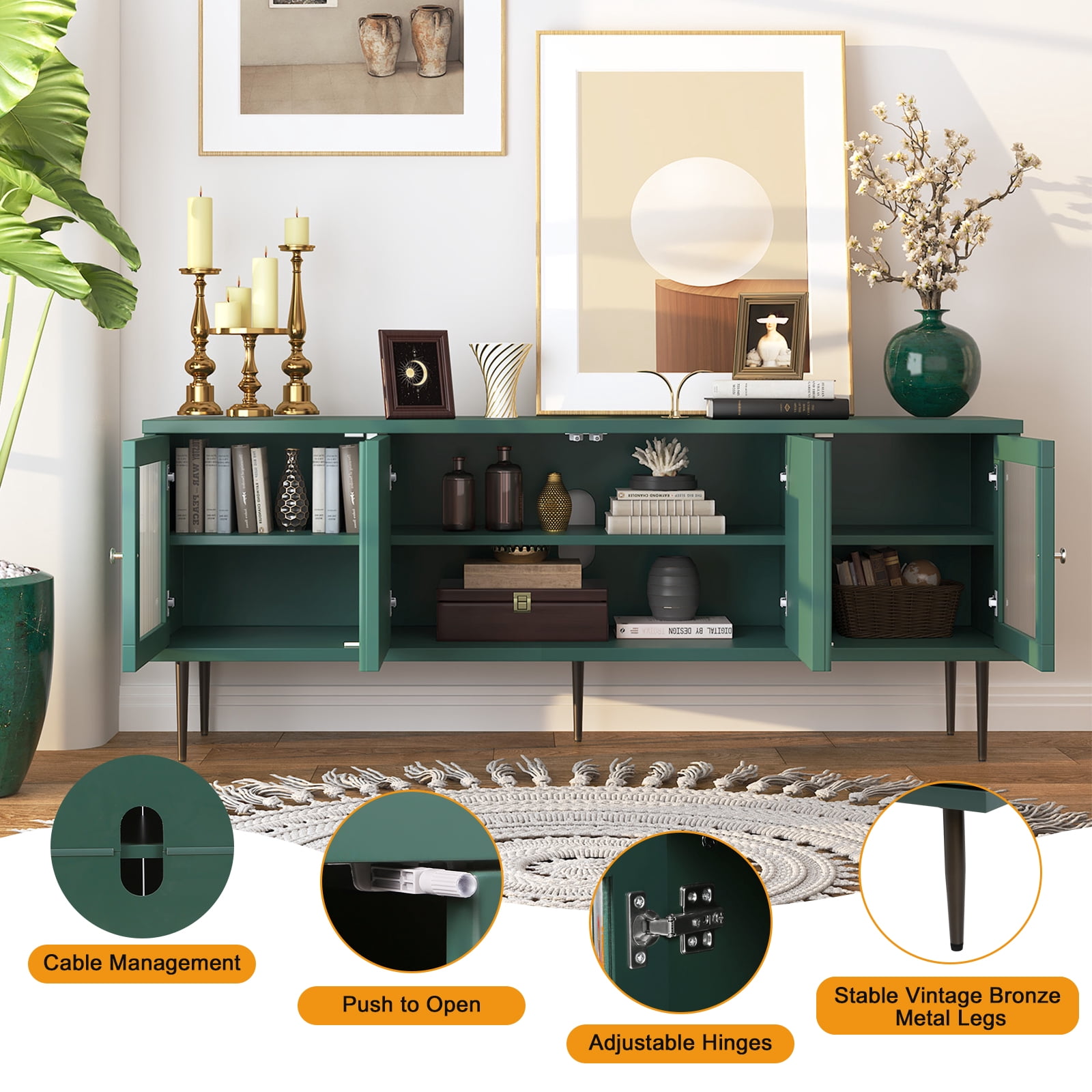 HLR 63" Modern Wood TV Stand with 3D Flower Pattern for TVs Up to 75", Entertainment Center with Storage, Green