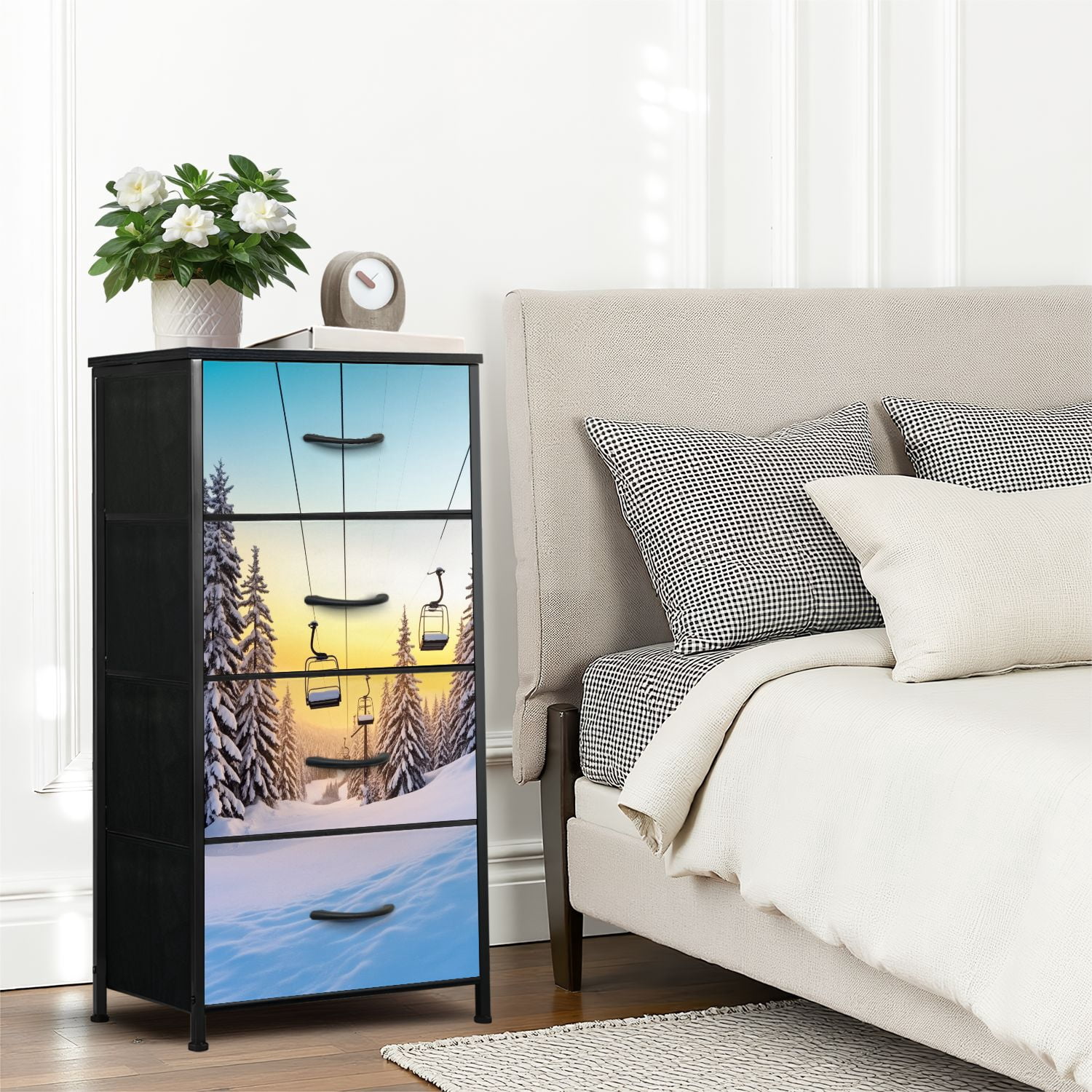 Dresser for Bedroom with 4 Storage Drawers Winter mountains panorama ski slopes ski lifts Dressers Chest of Drawers Steel Framed Fabric Closet Organizers for Dorm Entryway
