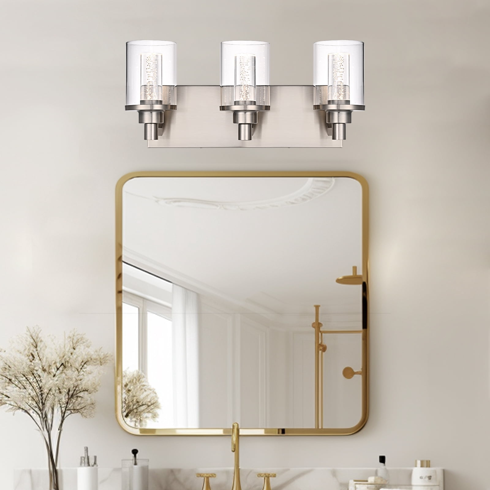Melucee 5CCT Dimmable LED Brushed Nickel Vanity Lights 3-light, Modern Vanity Lighting Fixtures with Crystal Light Columns and Clear Glass for Bathroom Bedroom