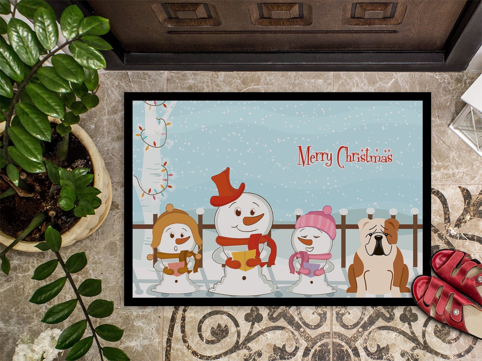 Carolines Treasures Merry Christmas Carolers English Bulldog Fawn White Door Mat Indoor Rug or Outdoor Welcome Mat 24x36