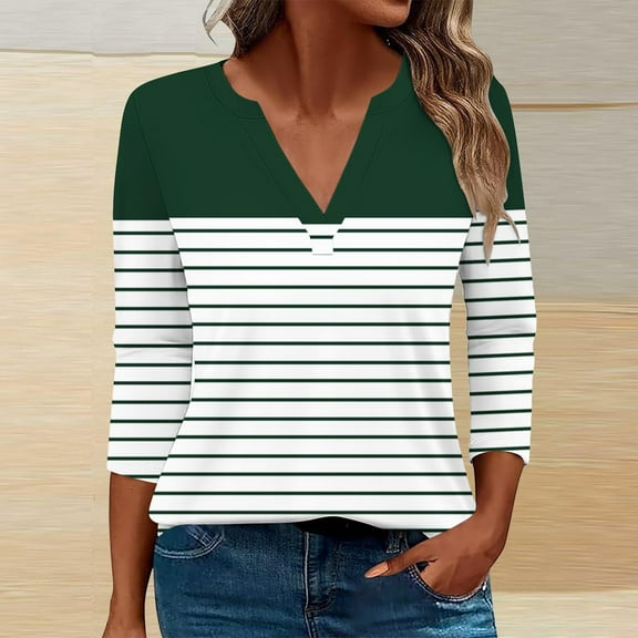 Royisotas 3/4 Sleeve Womens Plus Tops Striped Color Block Fall Army Green Casual Women Blouses V-Neck Loose Fit T Shirts