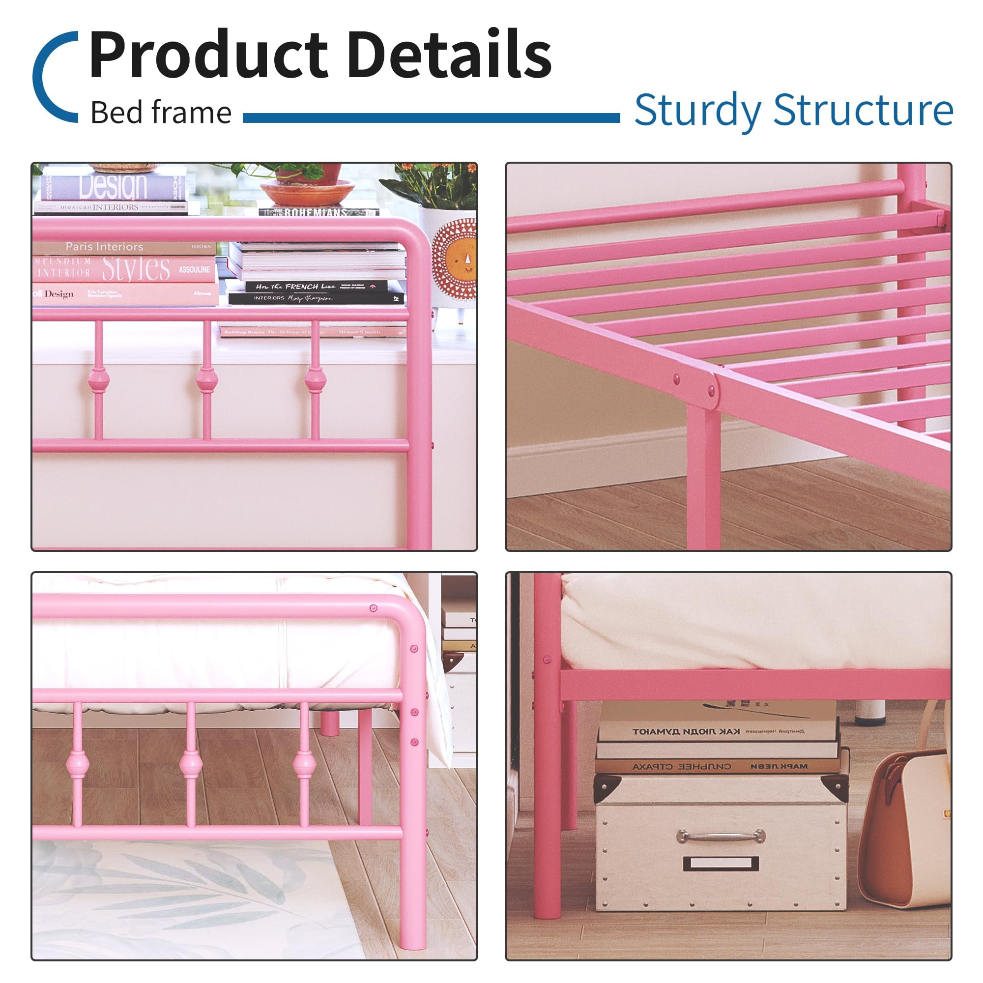Maenizi 12 inch Tall Twin XL Bed Frames with Headboard and Footboard, Heavy Duty Metal Platform Bed Frame Twin XL No Box Spring Needed, Easy Assembly, Under Bed Storage, Noise Free, Pink