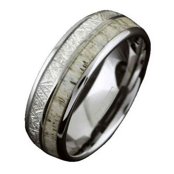 Tungsten Carbide Rings for Men Wedding Bands for Him 8mm Silver Tungsten Deer Antler & White Meteorite