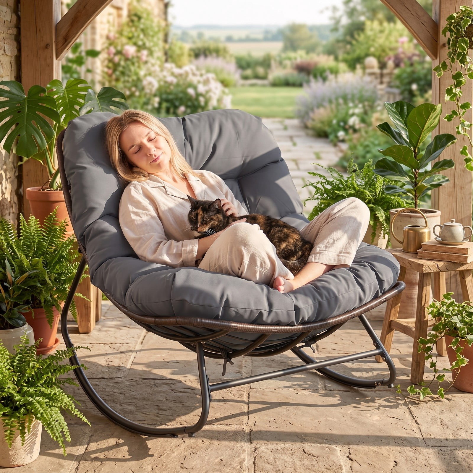 Furnibear Outdoor Papasan Rocking Chair with Thick Removable Cushion and Non-Slip Pads for Oversized Patio and Backyard Comfort, Gray